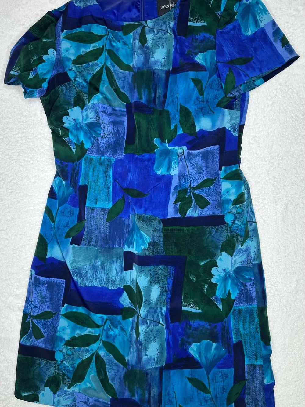 John Roberts Petite 6P Blue Teal Abstract Floral Dress Short Sleeve Vintage